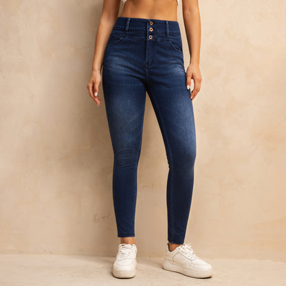 Shascullfites Melody High Waisted Zipper Pocket Jeans Button Denim Woman Pants Dark Blue Stretch Jean Lifts Buttocks