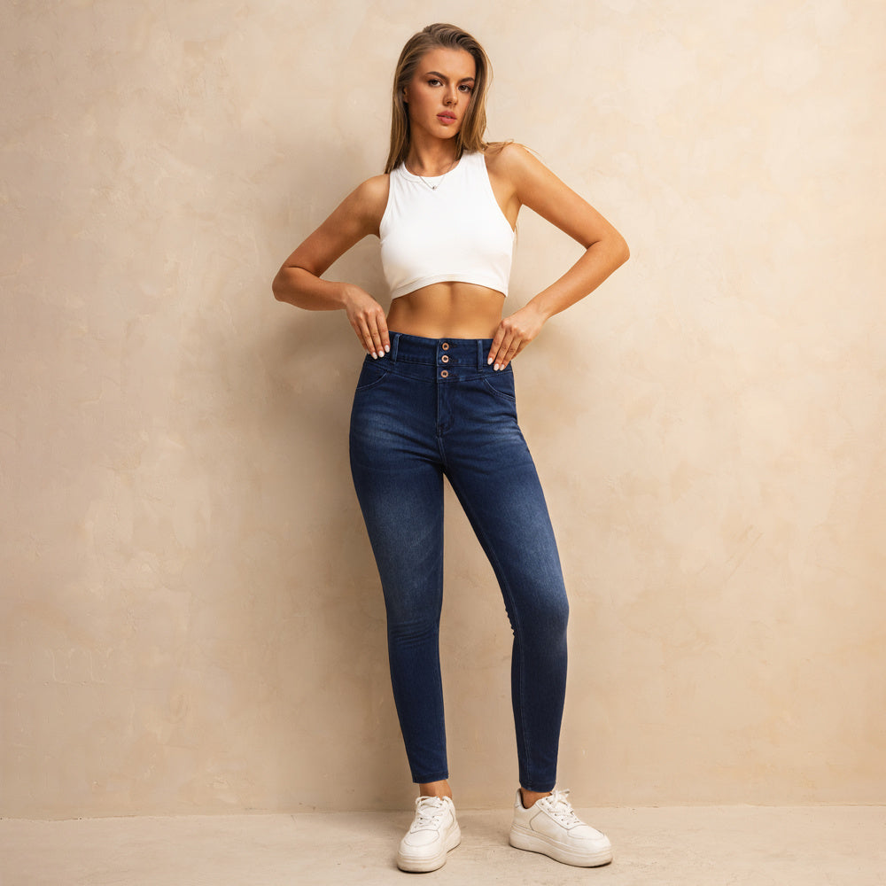 Shascullfites Melody High Waisted Zipper Pocket Jeans Button Denim Woman Pants Dark Blue Stretch Jean Lifts Buttocks