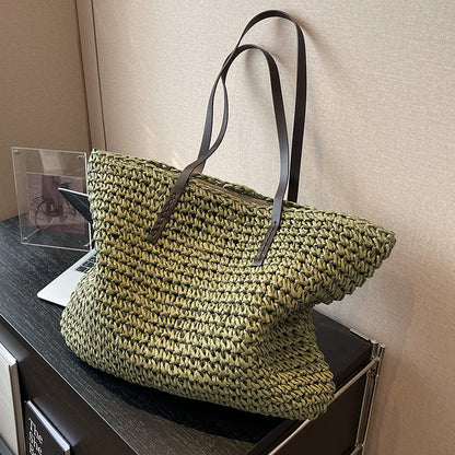 Summer Woven Shoulder Bag Ins Fashion Large Capacity Handbags With Zipper Women's Beach Bags