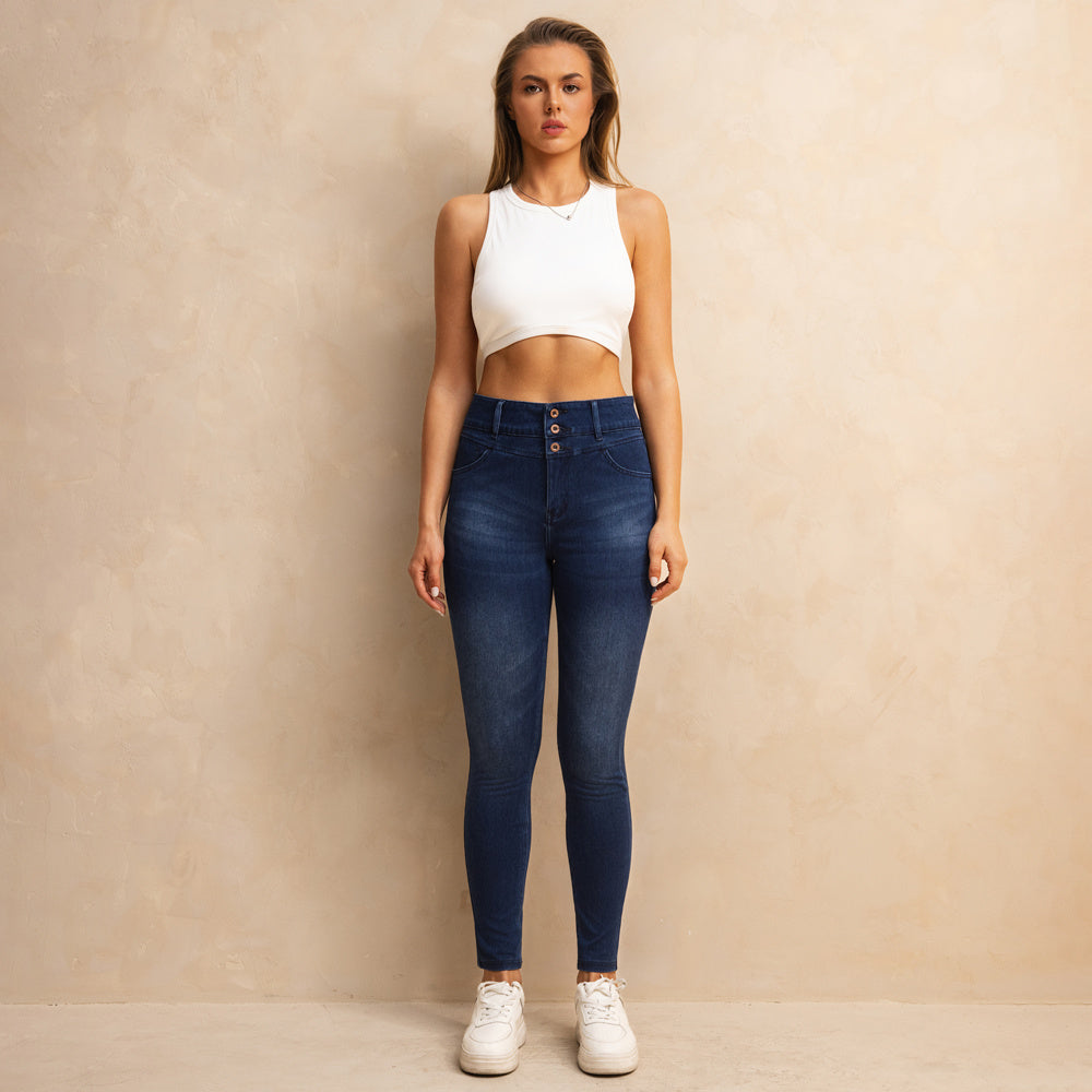 Shascullfites Melody High Waisted Zipper Pocket Jeans Button Denim Woman Pants Dark Blue Stretch Jean Lifts Buttocks
